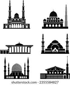 La silueta de la mezquita fue vector Ramadhan kareem. Pancarta de silueta negra monocroma musulmana vectorial ilustración plana. Torre de minaretes de mezquita horizontalmente la religión espiritual islámica exterior. 