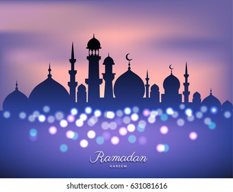 Mosque silhouette in sunset sky and abstract candles light for ramadan of Islam