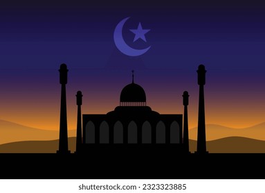 Mosque silhouette in sunset sky and and crescent moon for ramadan of Islam. eps10 vector