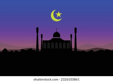 Mosque silhouette in sunset sky and crescent moon for ramadan of Islam. eps10 vector