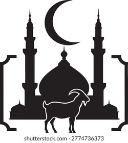 Mosque silhouette with two minarets, domed roof, crescent moon, and a prominent goat figure in foreground.