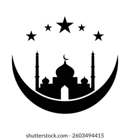Mosque Silhouette Vector Crescent Moon, Stars, Islamic Icon Design