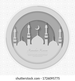 Vector digital de silueta de mezquita aislado y estilo de arte de papel. Adecuado para el saludo de Ramadán y Eid, Antecedentes, Celebración Islámica. Ilustración de Ramadan Kareem. Ilustración de Eid Mubarak