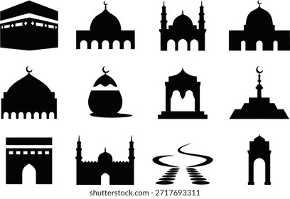 Colección del icono del Vector de la silueta de la mezquita, símbolos religiosos islámicos del edificio en el fondo blanco