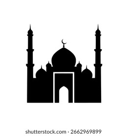 Mesquita silhueta ícone vetorial de um templo islâmico com cúpulas e minaretes para conceitos de religião, Ramadã e adoração.