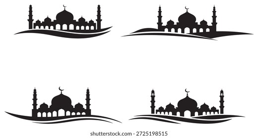 Conjunto de Vector de silueta de mezquita: cuatro estructuras islámicas con cúpulas, minaretes y lunas en el horizonte