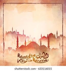 Mosque silhouette watercolor illustration for Ramadan Kareem islamic greeting background