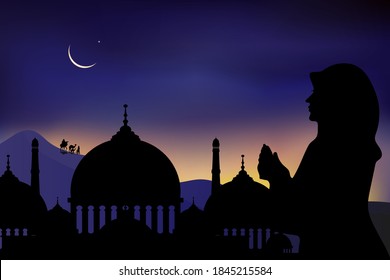 Mosque silhouette,Arab women praying,family and camel walking in desert in dark night during the month of ramadan,Muslim woman praying with Islamic mosque and crescent moon background,Ramadan Kareem 
