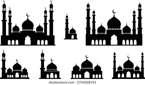 Siluetas de la mezquita con cúpulas, minaretes, lunas de media luna, Vector de arquitectura islámica, Formas de construcción religiosa, ilustración de diseño cultural