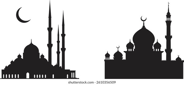 Mosque Silhouettes with Moon, Symbol of Islamic Architecture