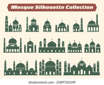 Mosque silhouettes sets  includes various architectural styles with domes, minarets, and crescent moon details.  Ideal for Ramadan, Eid, Islamic culture, and religious design projects.