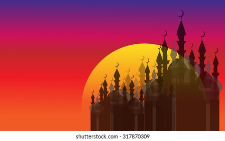 Mosque silhouettes at sunset, islamic holiday background, greeting card