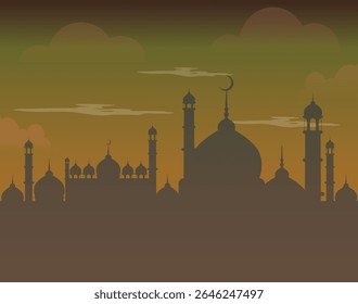 Mosque silhouettes under a cloudy orange sky