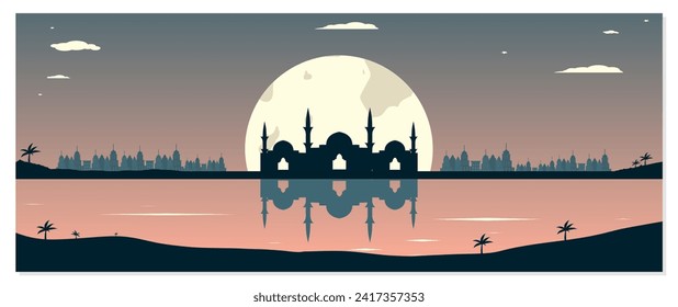 Mosque Silhouettes with Urban Buildings and Sunset Background
