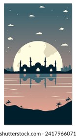 Mosque Silhouettes with Urban Buildings and Sunset Background
