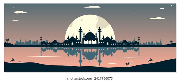 Moschee Silhouetten mit urbanen Gebäuden und Sonnenuntergang
