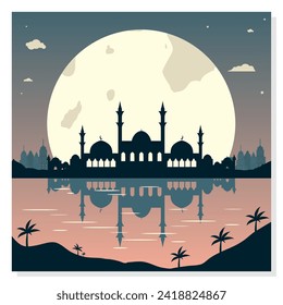 Mosque Silhouettes with Urban Buildings and Sunset Background
