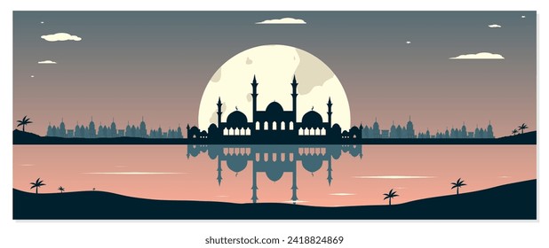 Mosque Silhouettes with Urban Buildings and Sunset Background
