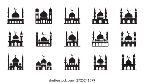 Mezquita silueta varios estilos con cúpulas y minaretes de arquitectura islámica icónica para temas religiosos