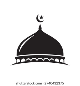 Mosque simple icon Islamic worship place illustration featuring a clean, minimalist design of a mosque with a dome and minaret in bold flat silhouette style. Represents Islamic culture, spirituality, prayer, worship, and religious architecture. Ideal for apps, websites, educational materials, event guides, posters, and digital or print projects. High-quality scalable vector suitable for both print and digital use.