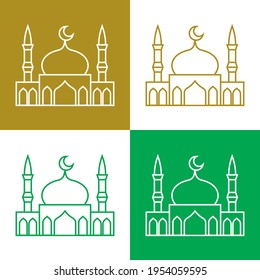 Mosque simple vector icons on gold, green and white background.