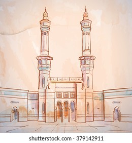 Mosque sketch - Masjid Al Haram in Mecca Saudi Arabia - vector watercolor brush illustration