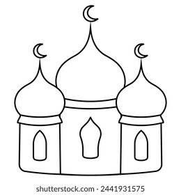 Mosque. Sketch. Vector illustration. Muslim prayer architectural structure. Doodle style. Outline on isolated background. Three towers with domes and a crescent on them. Coloring book for children. 