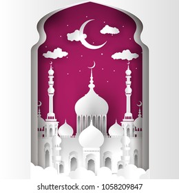 The mosque and the sky at night with half moon. Ramadan Kareem.cloud, stars and moon. Islamic festival celebration vector background.
