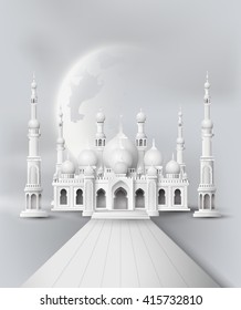 The mosque and the sky at night with half moon.paper art style.