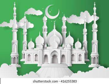 The mosque and the sky at night with half moon.paper art style.