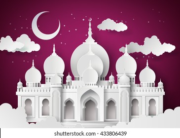 The mosque and the sky at night with half moon.paper art style.