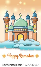 Mosque In The Sky At Ramadan Kareem Cartoon Illustration