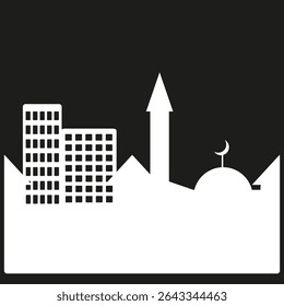 Mosque skyline symbol. City vector structure. White silhouette figure. Black contrast background.