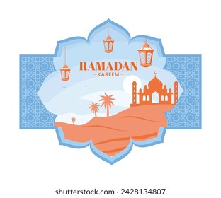 Mosque with a stretch of sand and date palm trees. Lanterns are used for decoration in the month of Ramadan. Ramadan Kareem concept.  Flat vector modern illustration.