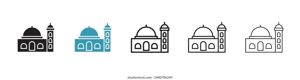 Estructura de la mezquita e iconos de minarete. Edificio de adoración islámica y símbolos de arquitectura religiosa