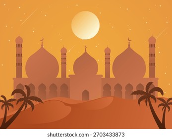 Mosque Sunset Desert Islamic Vector Illustration Design Template