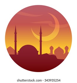 Mosque in sunset / sunrise. Circle composition. Vector background / illustration.
