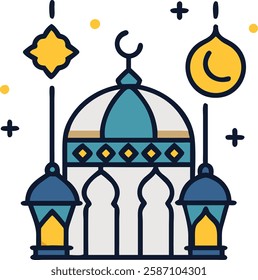 Mosque with tall minarets and crescent moon, representing Ramadan devotion.