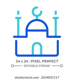 Ícone de iu de linha colorida do templo da mesquita. Religião muçulmana, arquitetura. Cultura Ramadã, tradicional. Edifício minarete. Símbolo linear duotônico de vetor isolado. Elemento de interface do usuário, pixel perfect