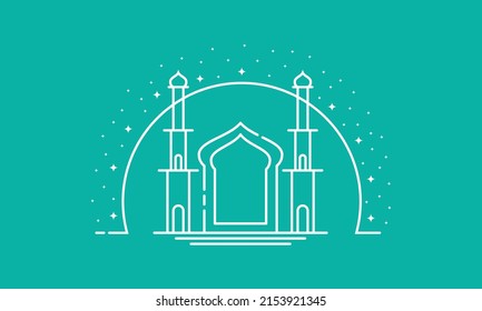 Mosque thin line background template with starry sky for cop space, ramadan themed design, poster, or banner