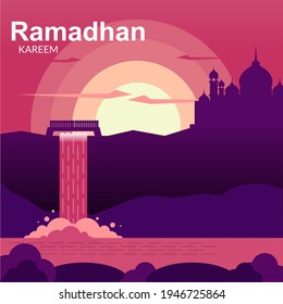 mosque in the top of waterfall like cartoon movie up, welcome ramadan holy month of ramadhan kareem