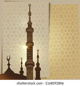 Mosque tower or minaret elements on arabic ornament background
