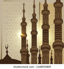 Mosque tower or minaret elements on arabic ornament background