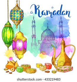 Mosque and traditional eastern halal food. Vector watercolor background. Islamic bakeryand sweets. Ink hand drawn inscription Ramadan Kareem. Brush lettering. Calligraphy. Arabic lanterns.