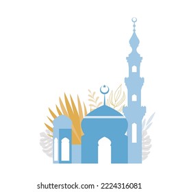 Mosque and tropical leaves composition. Islamic background. Ramadan kareem background. Mosque, minaret, monstera, date palm leaf and herb elements. Gold and blue colors. Empty space for an inscription