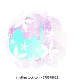 Mosque turquoise silhouette on the violet background watercolor painting imitation