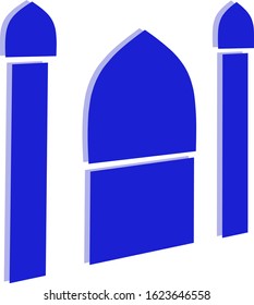 The mosque with two towers on either side and a large blue dome is a place for Muslim worship. illustration or vector