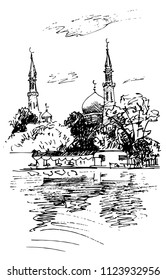 Mosque urban sketch. Hand drawn vector illustration on white background.
