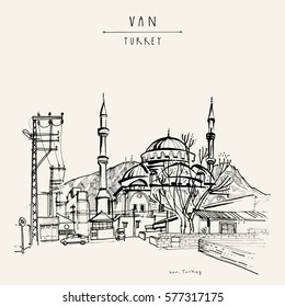 Mosque in Van, Eastern Turkey. Turkish Kurdistan. Hand drawing. Travel sketch. Vintage touristic postcard or poster, book illustration in vector