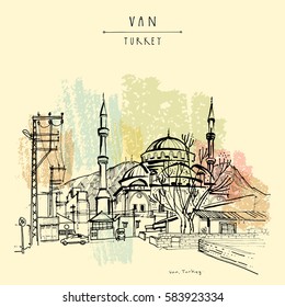 Mezquita en Van, este de Turquía. Kurdistán turco. Dibujo manual. Dibujo de viaje. Cartel o afiche turístico de época, ilustración de libro en vector